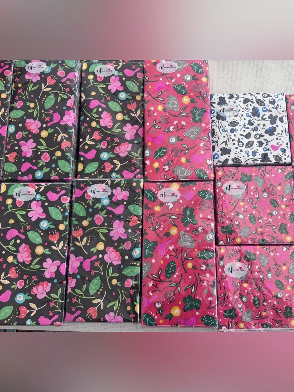 Nora Fleming Paper Floral Birds Pink, Black & White Guest Towl and Napkins